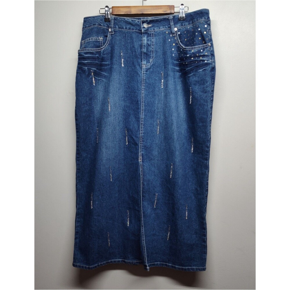 Vezucci Denim Maxi Skirt Women 14 Blue Sequin Stretch Y2K Whimsigoth Casual